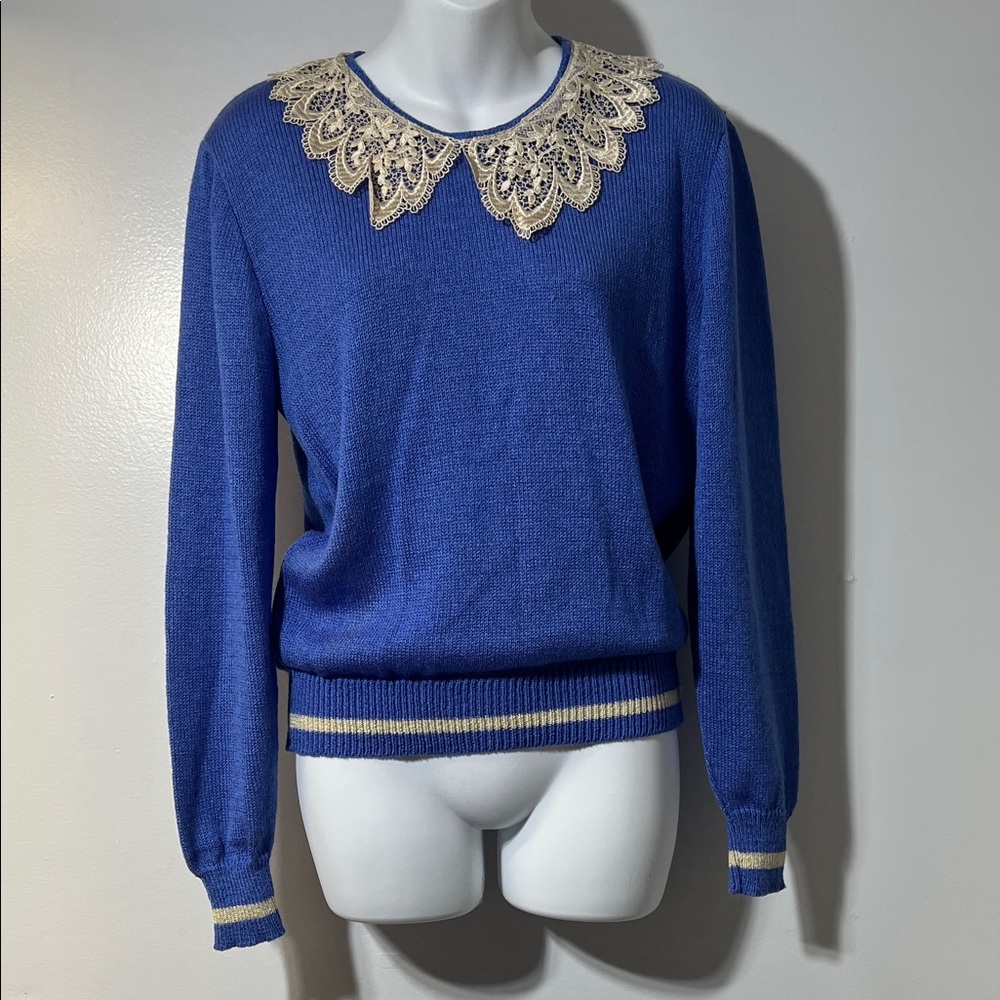 Elegant Blue Sweater with Cream Lace Detail